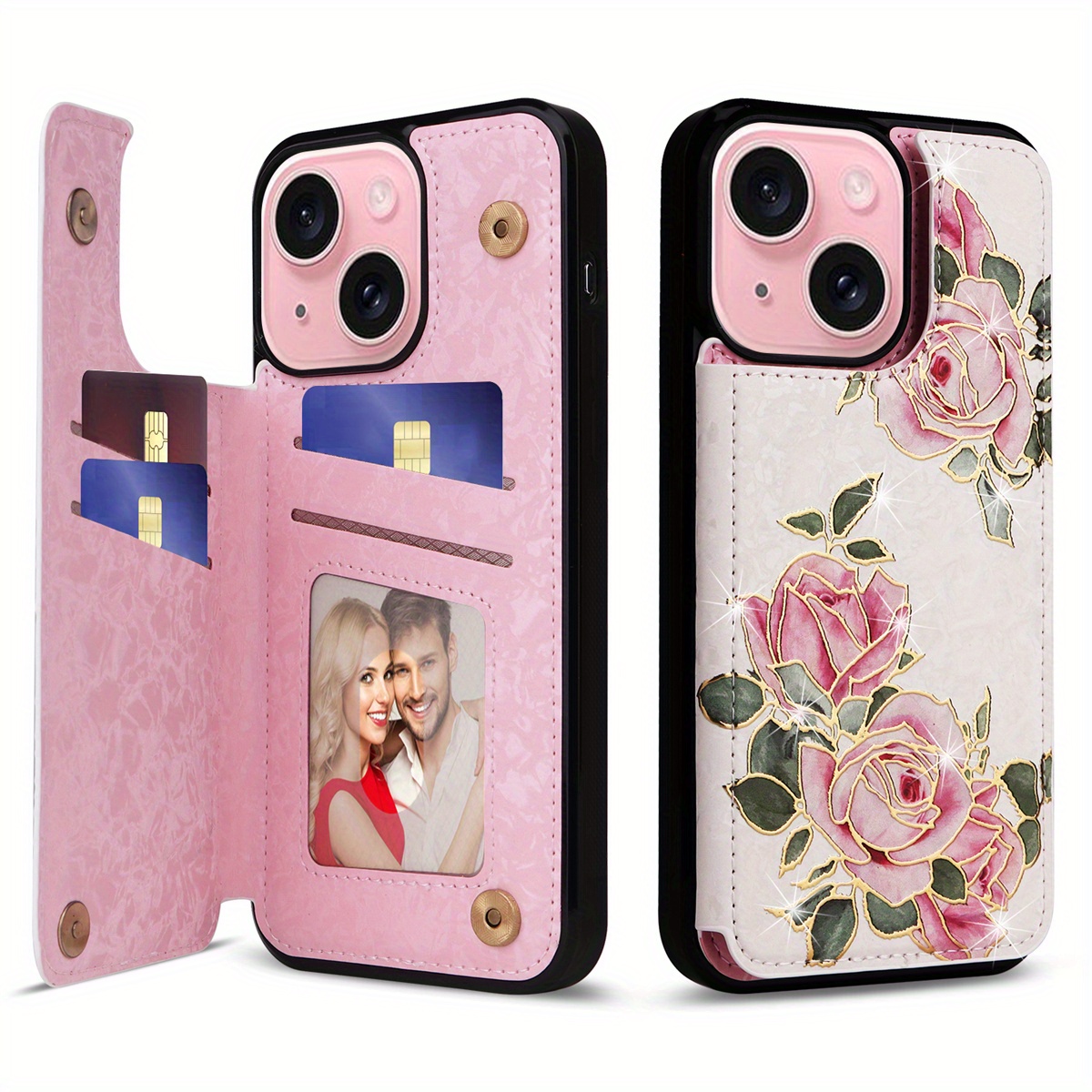 Wallet Case For IPhone 15/14/13/12/11 Pro Max With Card Holders, Faux Leather Cover Kickstand RFID Blocking Double Magnetic Clasp Rilievo Flower Shockproof Flip Case For Women Girls - Image 64