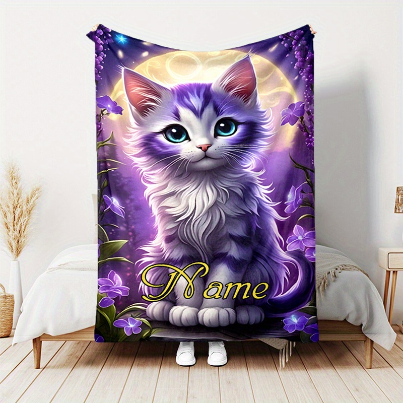 

Customized Cat Design Polyester Blanket With Name Personalization - Large Warm Throw Blanket For Couch, Sofa, Bed, And Office - Versatile For Travel, Camping - Ideal Gift For All Seasons