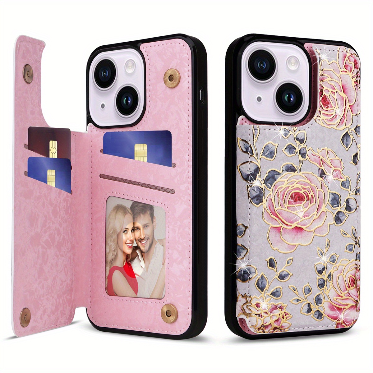 Wallet Case For IPhone 15/14/13/12/11 Pro Max With Card Holders, Faux Leather Cover Kickstand RFID Blocking Double Magnetic Clasp Rilievo Flower Shockproof Flip Case For Women Girls - Image 53