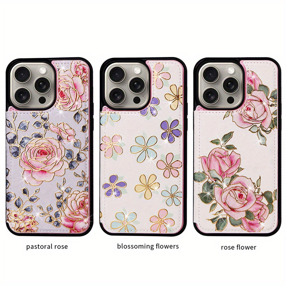 Wallet Case For IPhone 15/14/13/12/11 Pro Max With Card Holders, Faux Leather Cover Kickstand RFID Blocking Double Magnetic Clasp Rilievo Flower Shockproof Flip Case For Women Girls