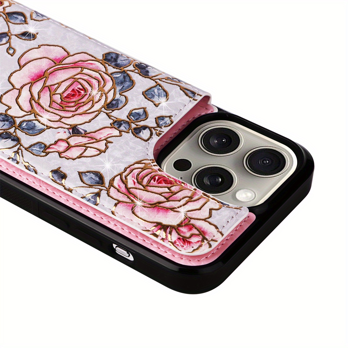 Wallet Case For IPhone 15/14/13/12/11 Pro Max With Card Holders, Faux Leather Cover Kickstand RFID Blocking Double Magnetic Clasp Rilievo Flower Shockproof Flip Case For Women Girls