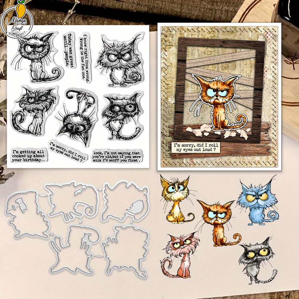 

Mangocraft Cute Funny Angry Cats Metal Cutting Dies & Clear Stamp Set For Diy Scrapbooking And Greeting Card Decoration - Craft Dies With Matching Silicone Stamps For Card Making And Albums Decor