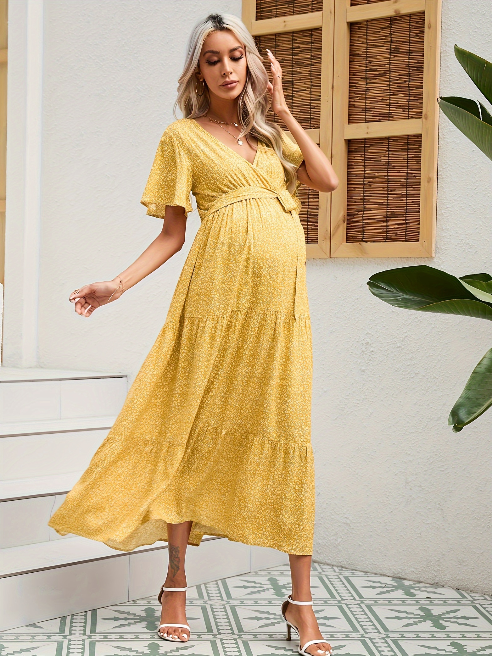 v neck bell sleeve short sleeve long maternity dress women's - Temu