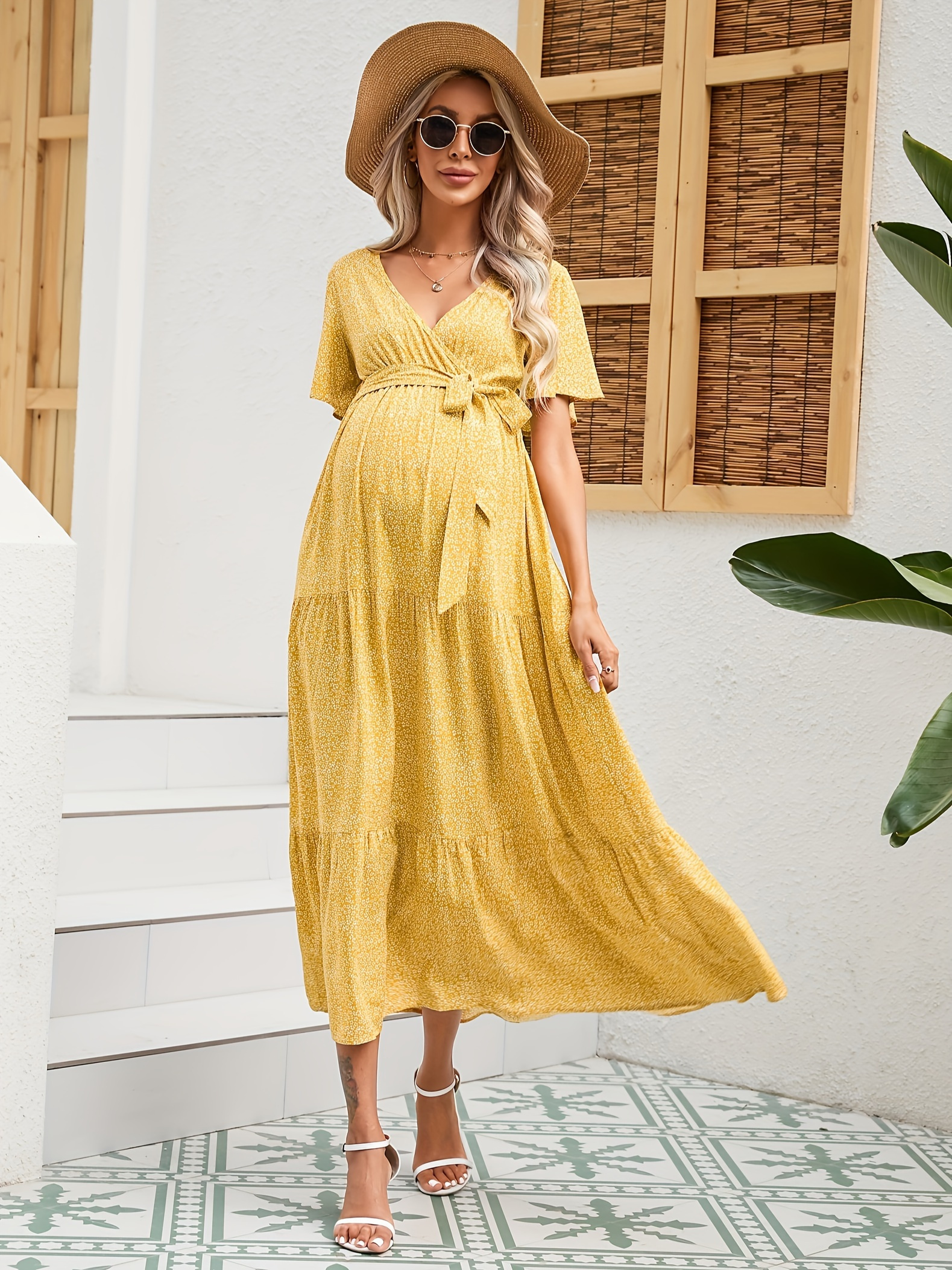 v neck bell sleeve short sleeve long maternity dress women's - Temu