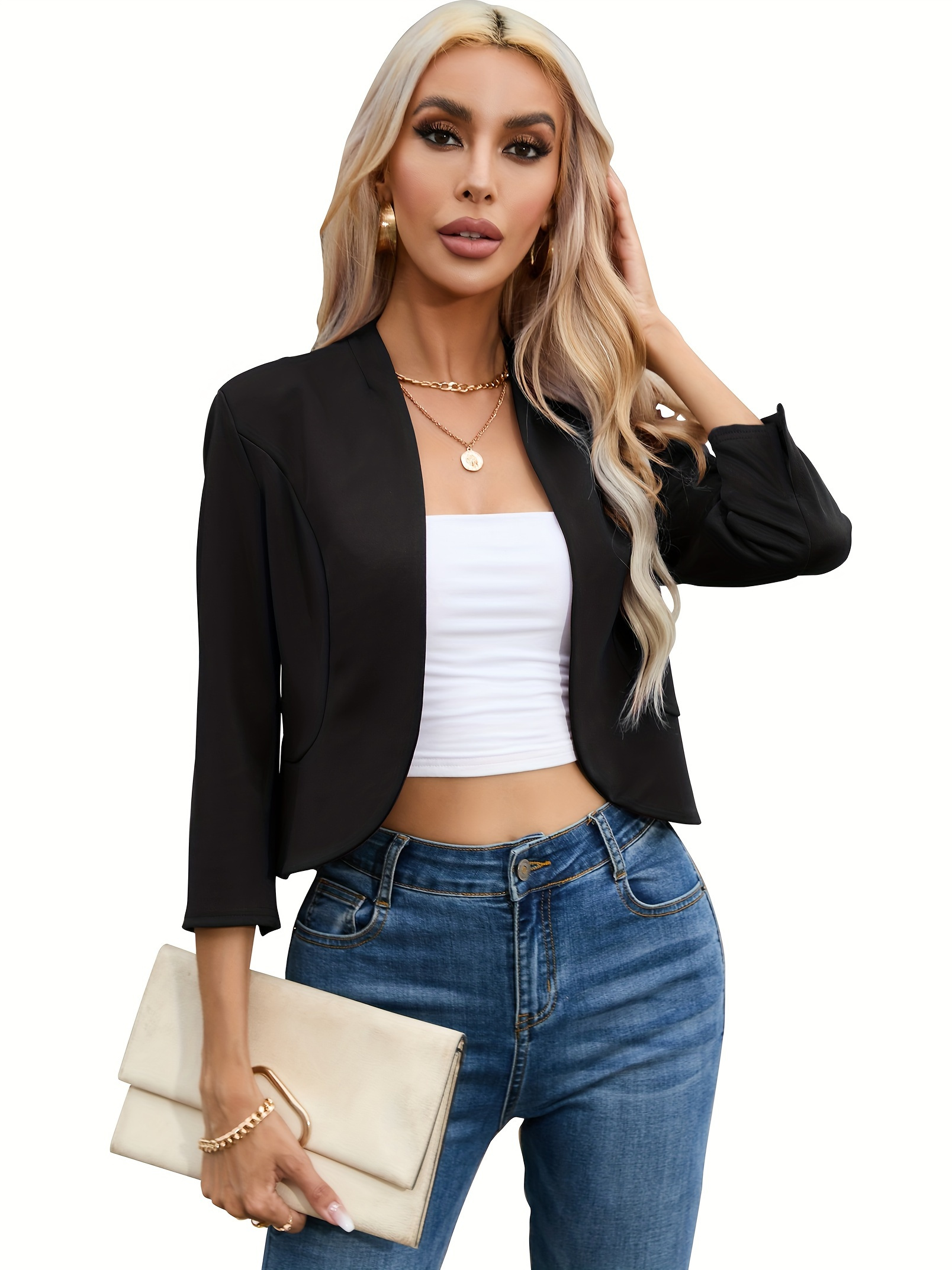 womens cropped casual business sleeve collarless Temu