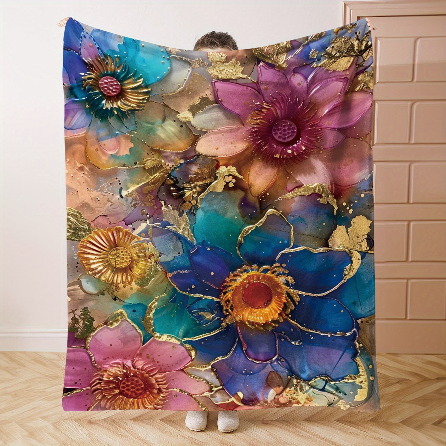 

Floral Printed Flannel Throw Blanket - Soft Comfort Polyester Knit For Bed, Sofa, Office, Camping - Lightweight, Warm, All-season Cozy Blanket With Digital Flower Design