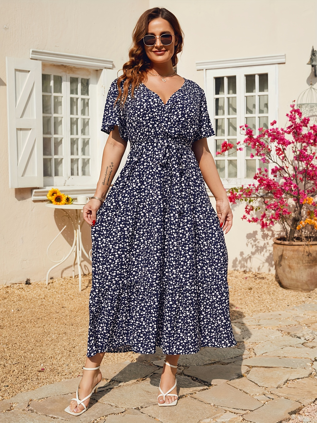 women plus size v neck wrap maxi dress high waist ruffle - Temu