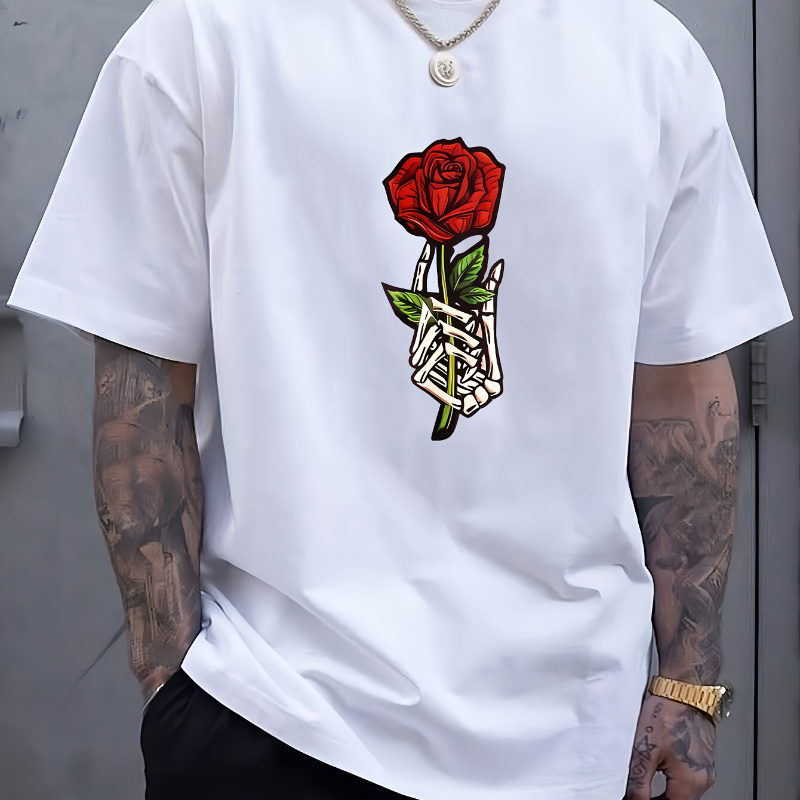 

1pc Rose Pattern Printed Men's New Round Neck Short Sleeve T-shirt, Fashionable T-shirt, Comfortable And Breathable Casual Sports Top, Suitable For Spring And Summer Holidays Leisure Vacation