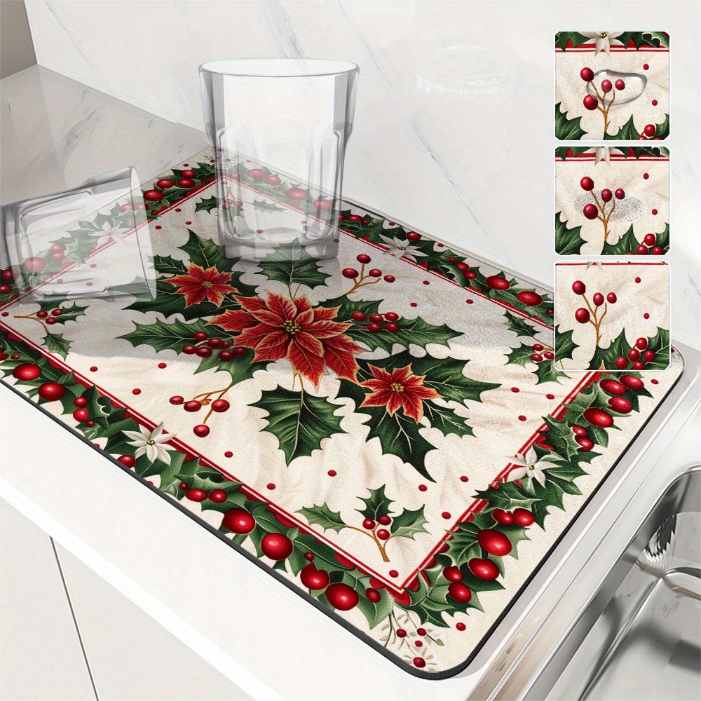 

Christmas Dish Drying Mat Set Of 1 - Poinsettia And Holly Design Absorbent Rubber Kitchen Counter Mat - 100% Polyester Cover, Non-slip Holiday Decors For Coffee Machine, Table, And Sink Area