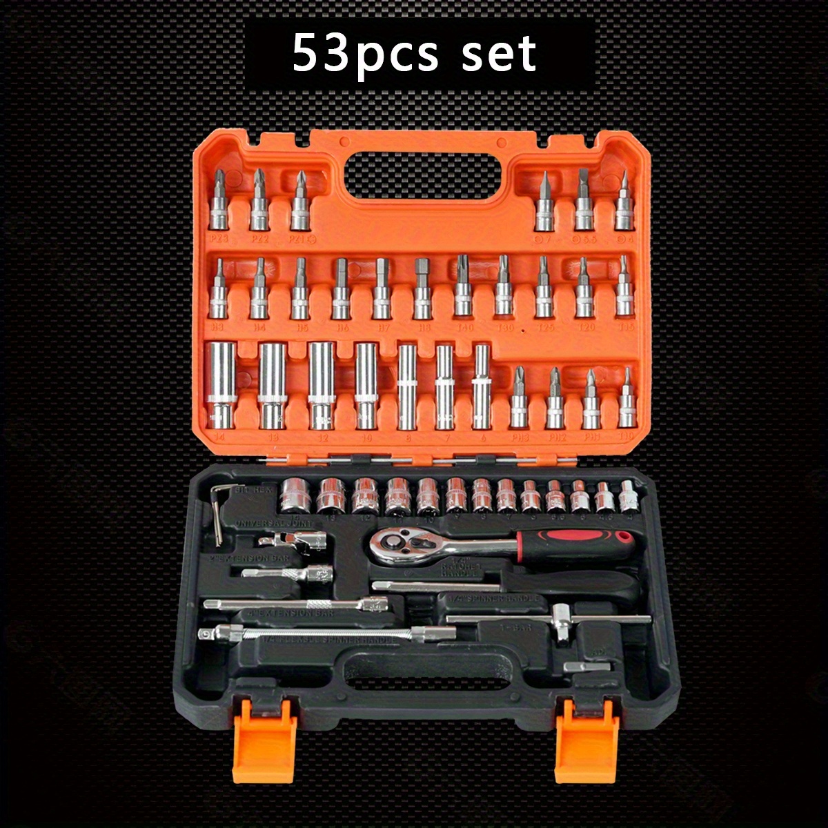 TEMU 53pcs Auto Repair Tool Kit - Ratchet, Torque Wrench & Screwdrivers Set For Cars, Bikes & Motorcycles - Durable Carbon Steel, Portable Maintenance & Repair Tools