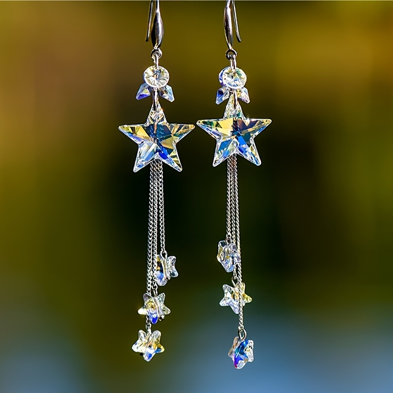 

Elegant Star-shaped Crystal Dangle Earrings - Sparkling Artificial Crystals, Sophisticated Alloy Jewelry For Weddings & Parties, Luxurious Accessory