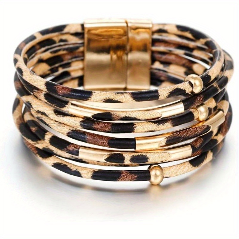 

Leather Wrap Bracelets For Women, Boho Leopard Multi-layer Crystal Beads Cuff Bracelet Jewelry