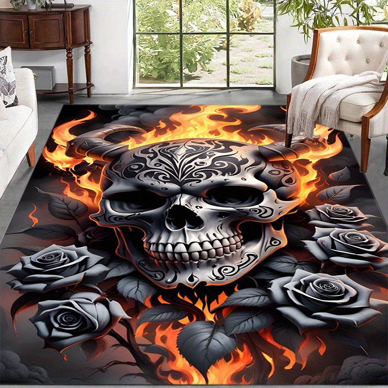 E-shop Schwarzer Totenkopf-Teppich Rutschfeste Bodenmatte für Terrasse, Garten, Hof, Schlafzimmer, Wohnzimmer Stilvolle Wohnzimmer- &