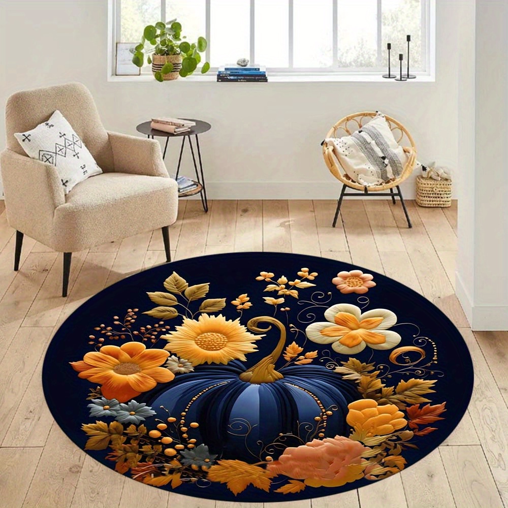 

Blue Pumpkin Round Rug: Festive Home Decor For Living Rooms, Bedrooms, And Game Areas - Hand Wash Only