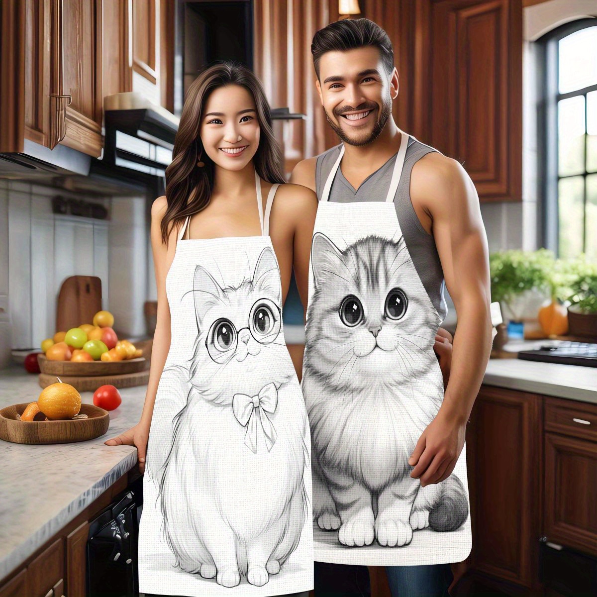 

2- Set Couple's Cat , Polyester Cooking For Men And Women, For Cleaning, Grilling & 's Day