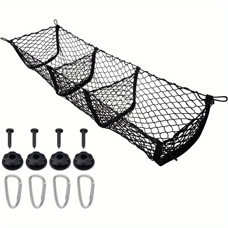 

3 Pocket Trunk Bed Organizer, Black Mesh Storage Net With 4 Metal Hooks, Heavy Duty For Suv, Cars, Pickup Truck Bed, 47.2 X 12 X 11 Inches