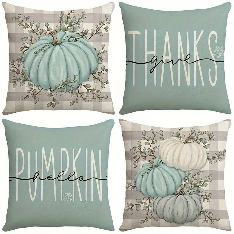 TEMU 4pcs Give Thanks Throw Pillow Cover 17.7x17.7in, Fall Autumn Thanksgiving Eucalyptus Leaves Harvest Decoration For Home Couch Sofa