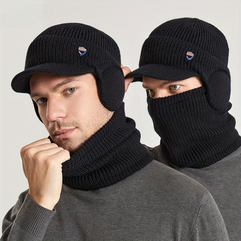 

1set Winter Warm Ear Protection Knitted Hat With Warm Neck Gaiter, Hat Suitable For Men And Women