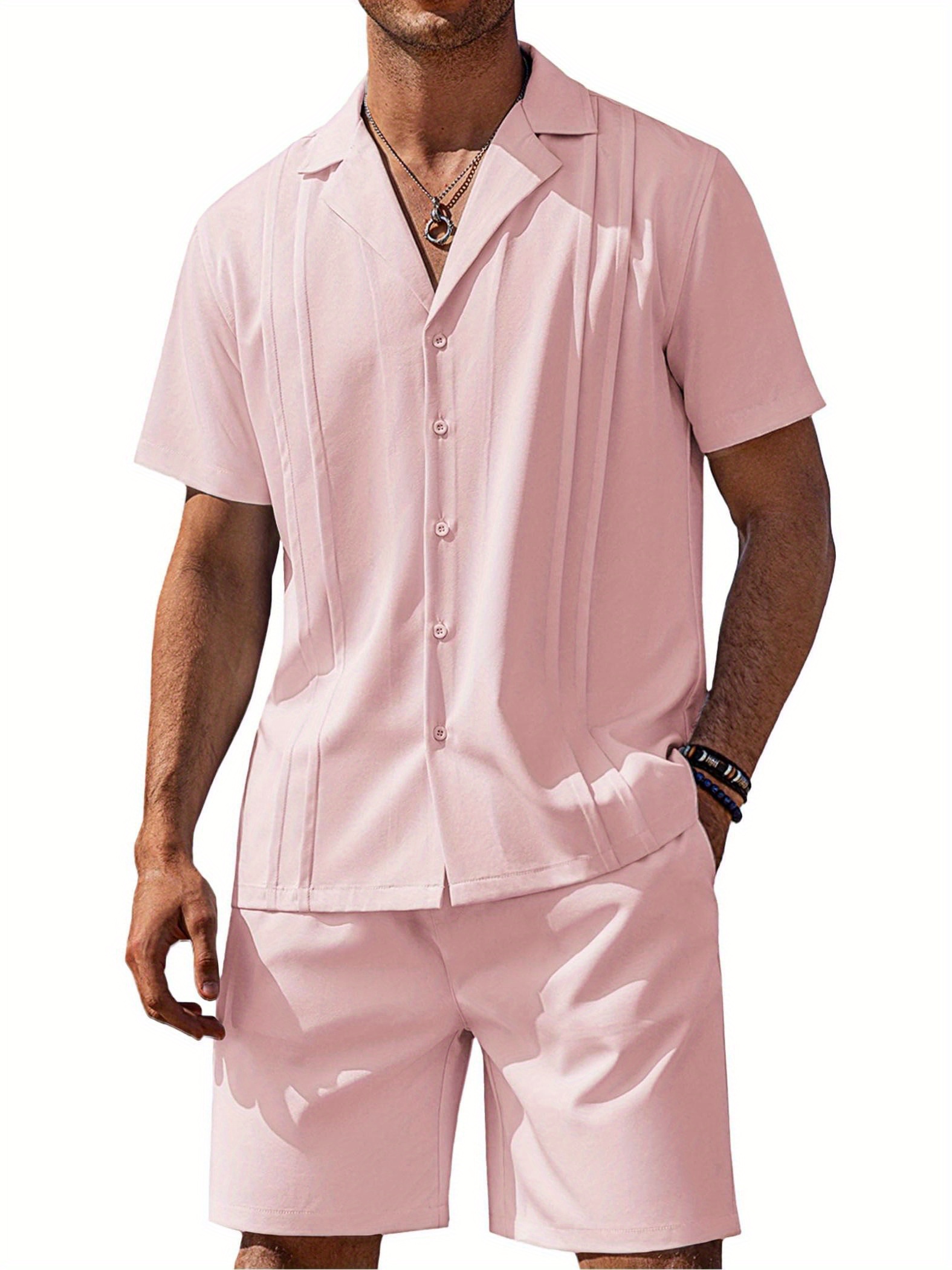 Men's Guayabera Shirt Short Sleeve - Cuban Style Casual Snap Button Shirt, Pink, Size Large
