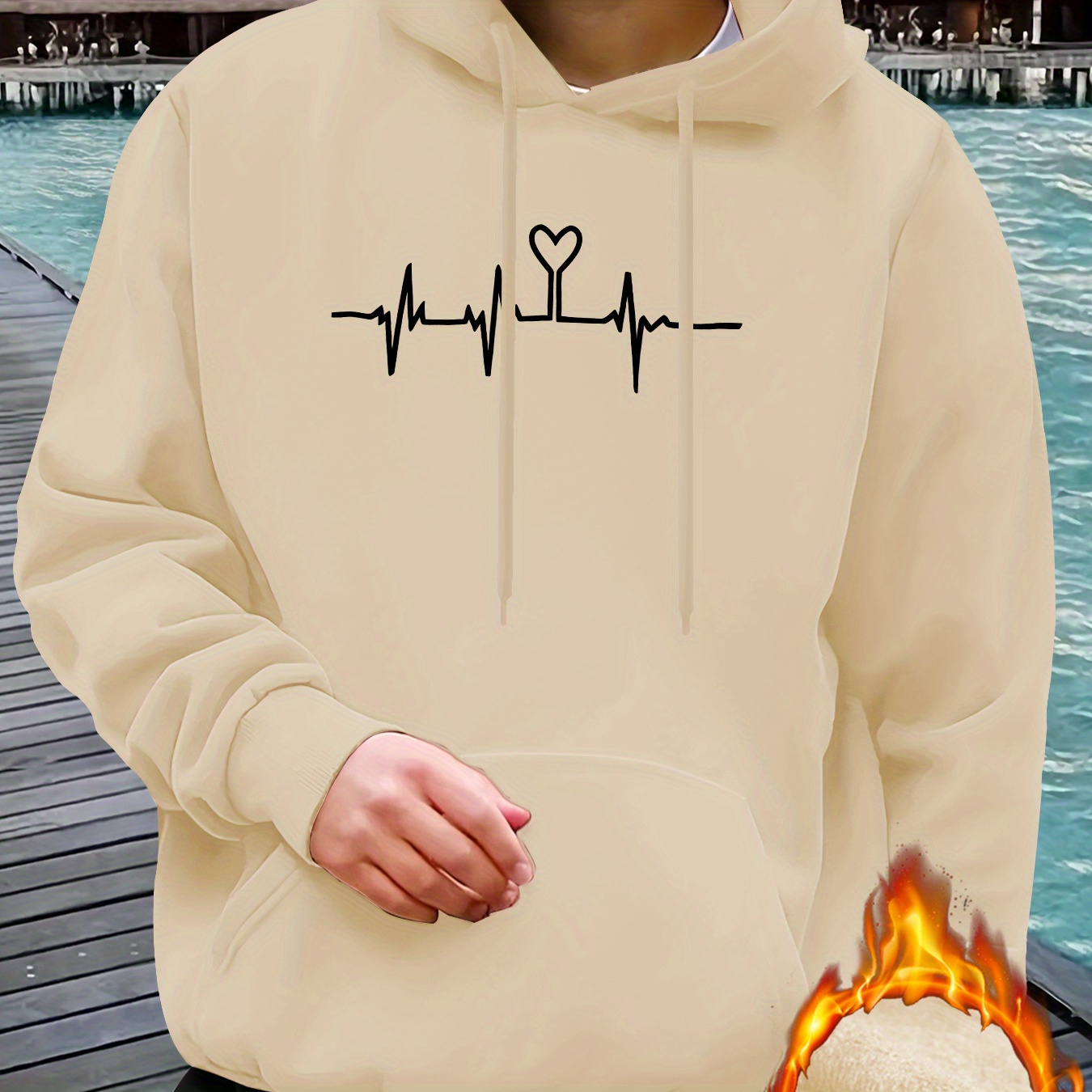 

Men's Classic Heartbeat Fluctuation Print Long Sleeve Hooded Sweatshirt Pocket Drawstring Thermal Clothes For Autumn And Winter