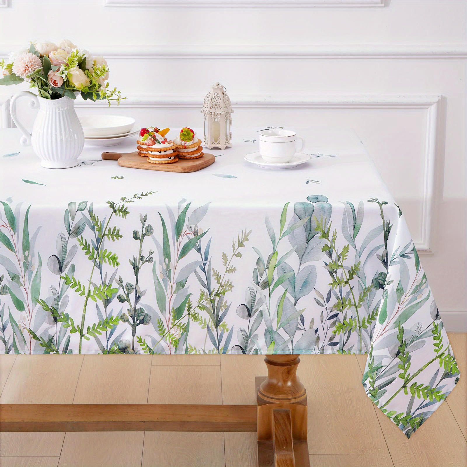 

1pc Spring Summer Table Cloth, Waterproof Green Leaves Tablecloth Square Table, Washable Farmhouse Table Cover Spillproof Wild Plant Table Cloths Cover For Picnic Indoor Outdoor Dining.