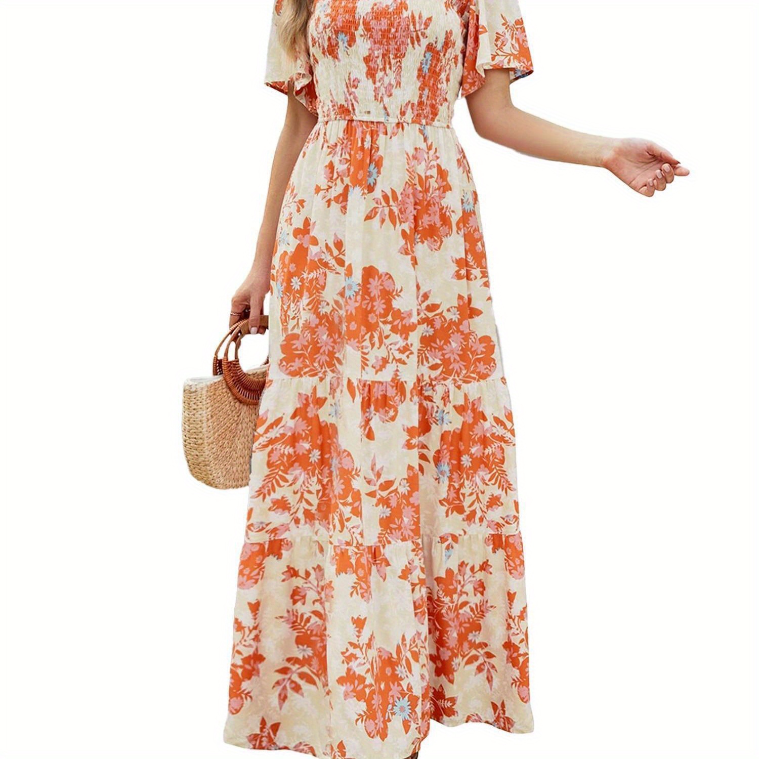 

Floral Print Crew Neck Maxi Dress, Elegant Short Sleeve Flowy Dress For Spring & Summer, Women's Clothing