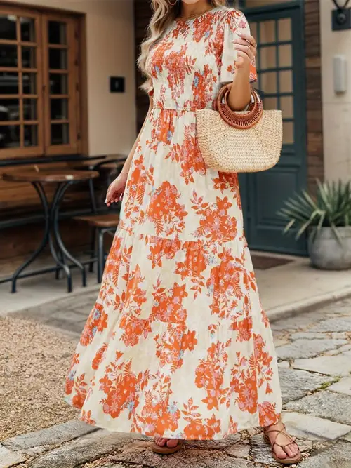 floral print crew neck maxi dress elegant short sleeve flowy dress for spring summer womens clothing