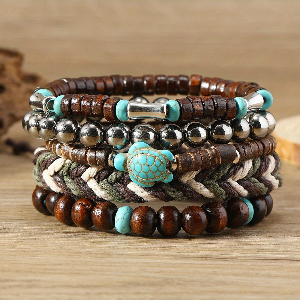 TEMU 5pcs Fashionable And Creative Turquoise Turtle Wood Bead Woven Bracelet Set, For Bohemian Girls Bracelet Accessories