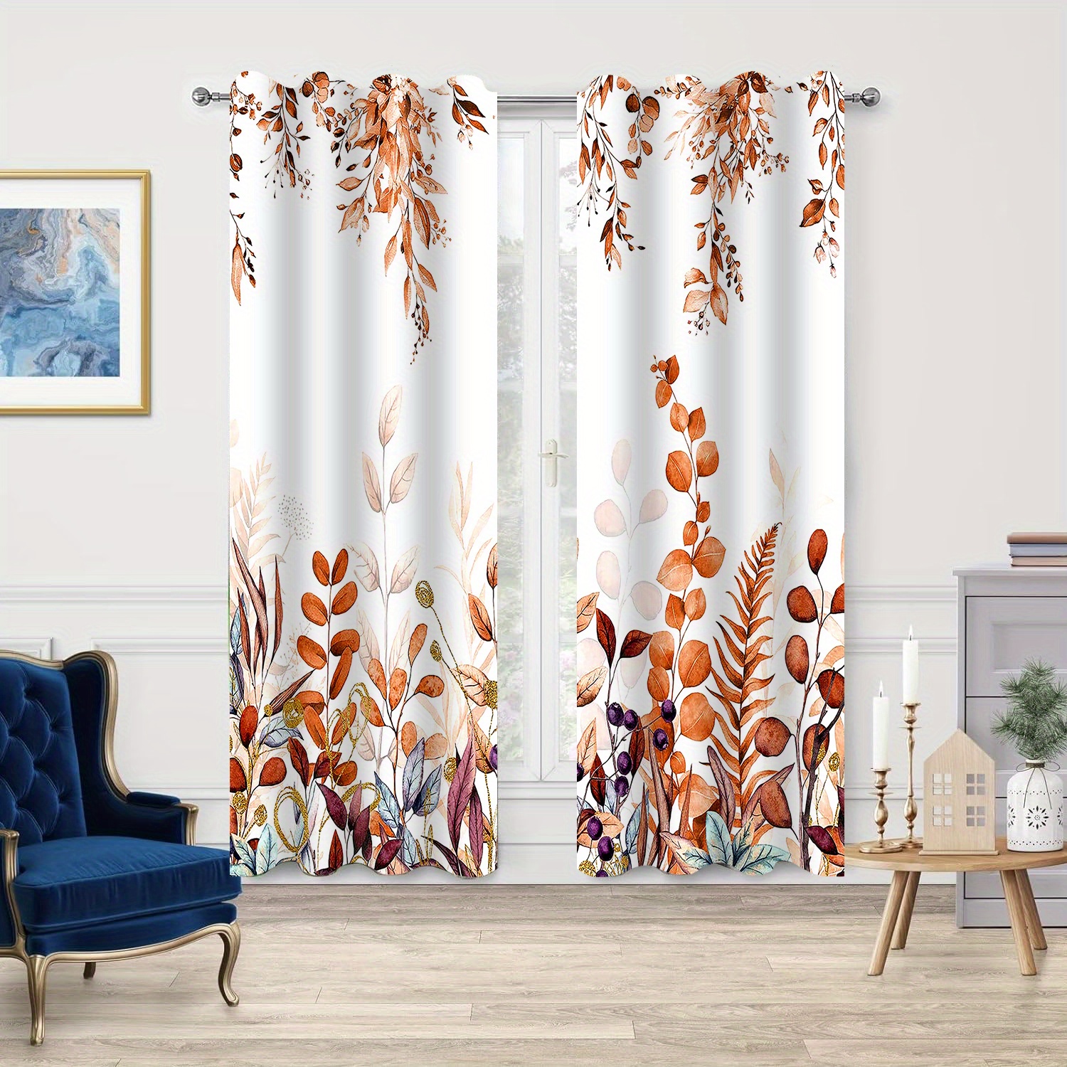 

2pcs Thanksgiving Blackout Curtains Set - Uv Polyester With Plant Design For Kitchen, Farmhouse, Living Room & Bedroom Decor