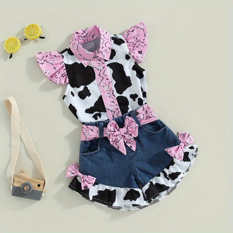 

Kids Girl Summer Outfits Cow Print Turn-down Collar Fly Sleeve Tops Bow Denim Shorts With Belt 2pcs Clothes Set