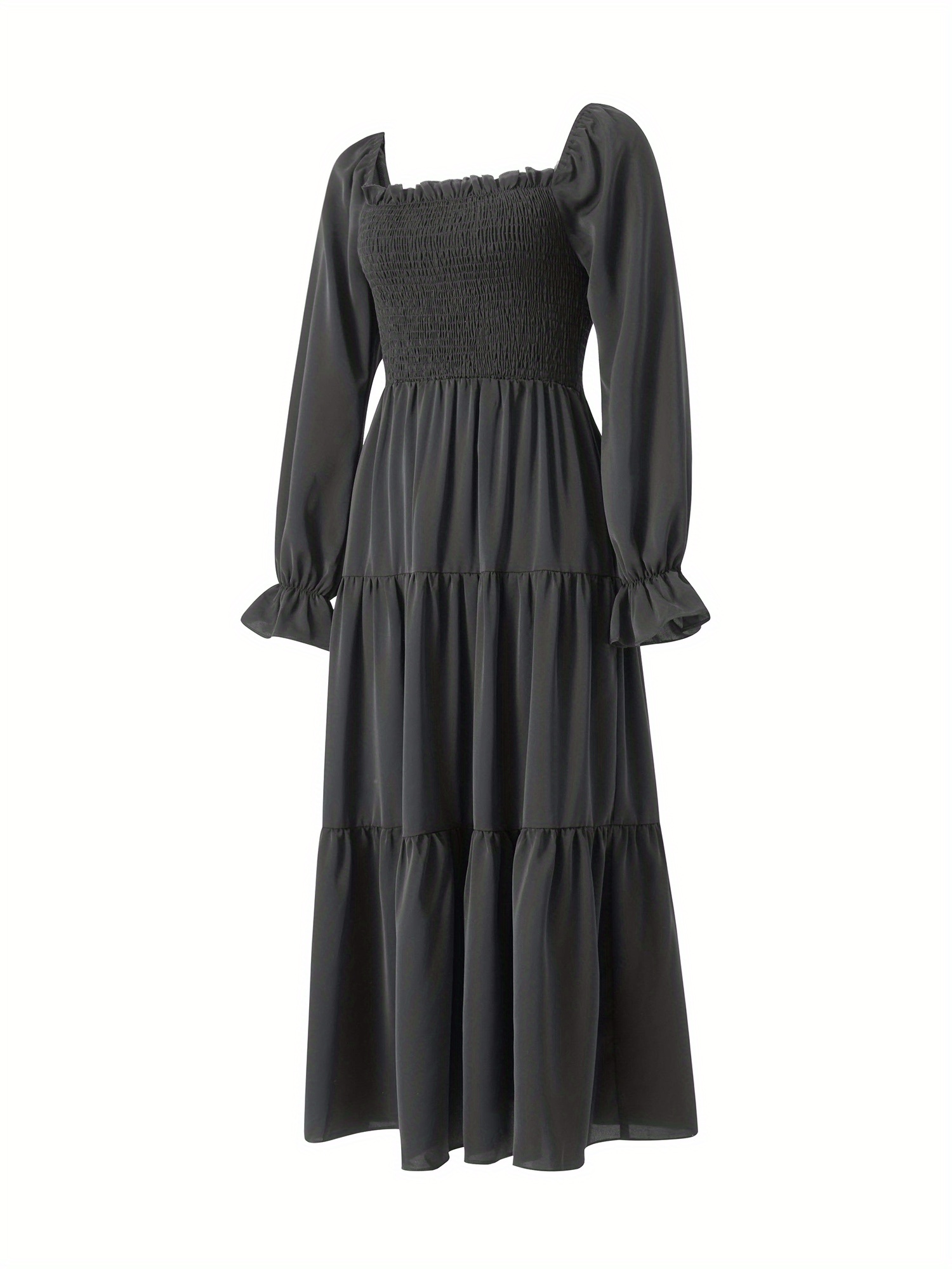 women long dress long sleeve square neck pleated solid fall - Temu