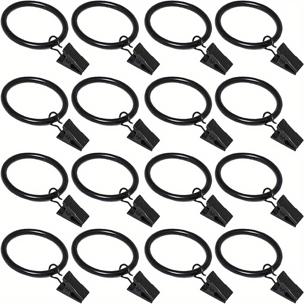 16pcs Black Metal Curtain Rings With Clips - Window Drapery Hooks, To 1" Rod, Home Decor