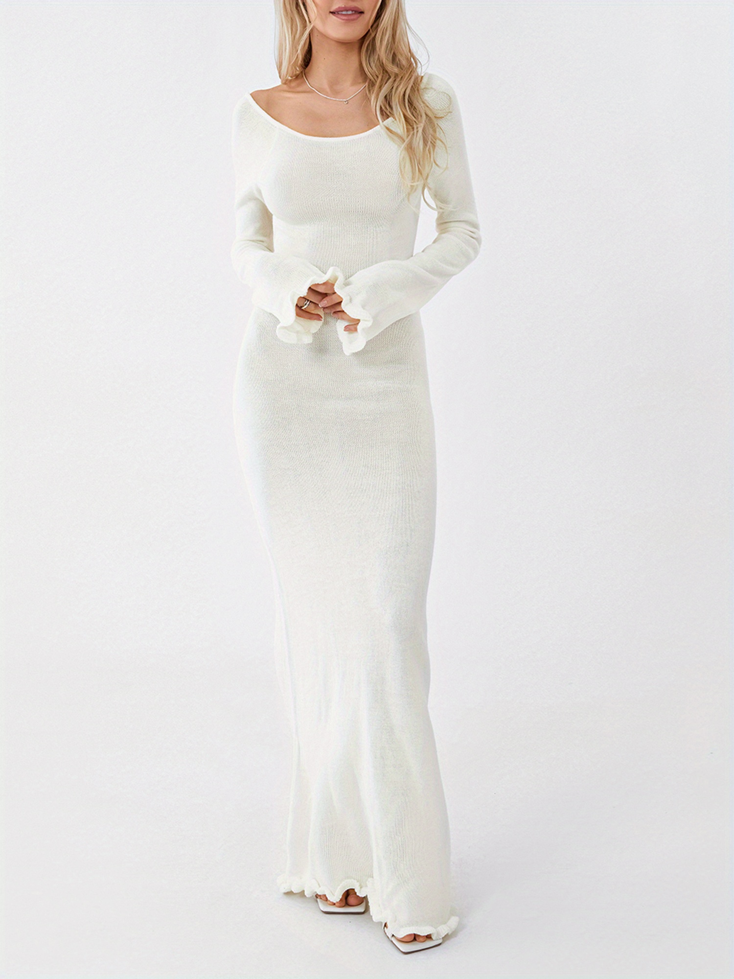 womens elegant ribbed knit bodycon dress long sleeve round - Temu