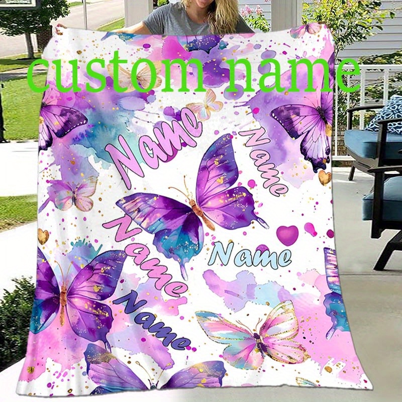 

Custom Name Personalized Flannel Throw Blanket With Purple Butterflies Print - Polyester, Digital Print, Woven, Lightweight, All-season Comfort For Sofa, Bed, Travel - Unique Birthday Or Holiday Gift