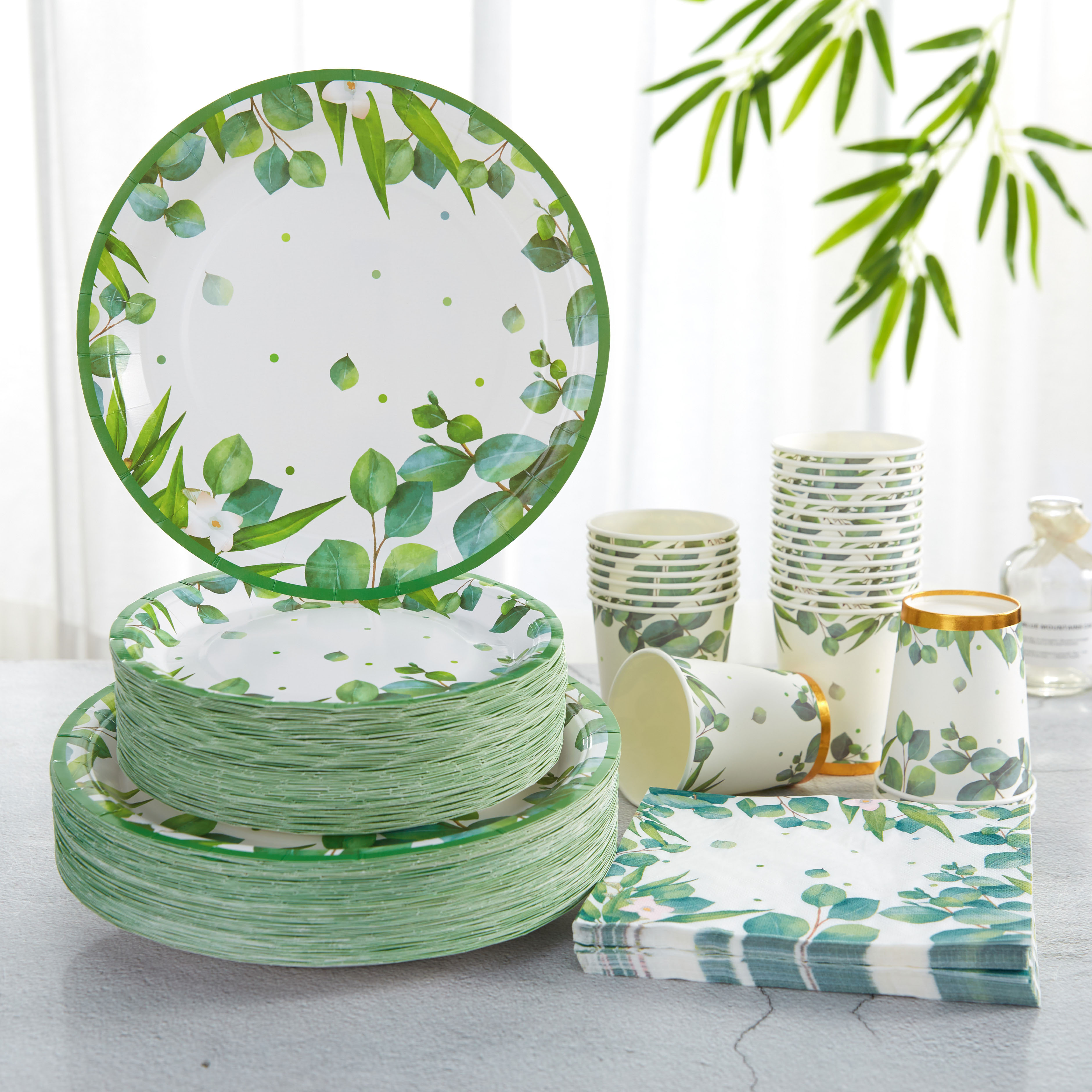 

Green Leaf Party Supplies Set - 96pcs Disposable Paper Plates, Cups, Napkins For Bridal Shower, Eucalyptus & Sage Green Birthday Decorations, Event & Party Tableware Kit