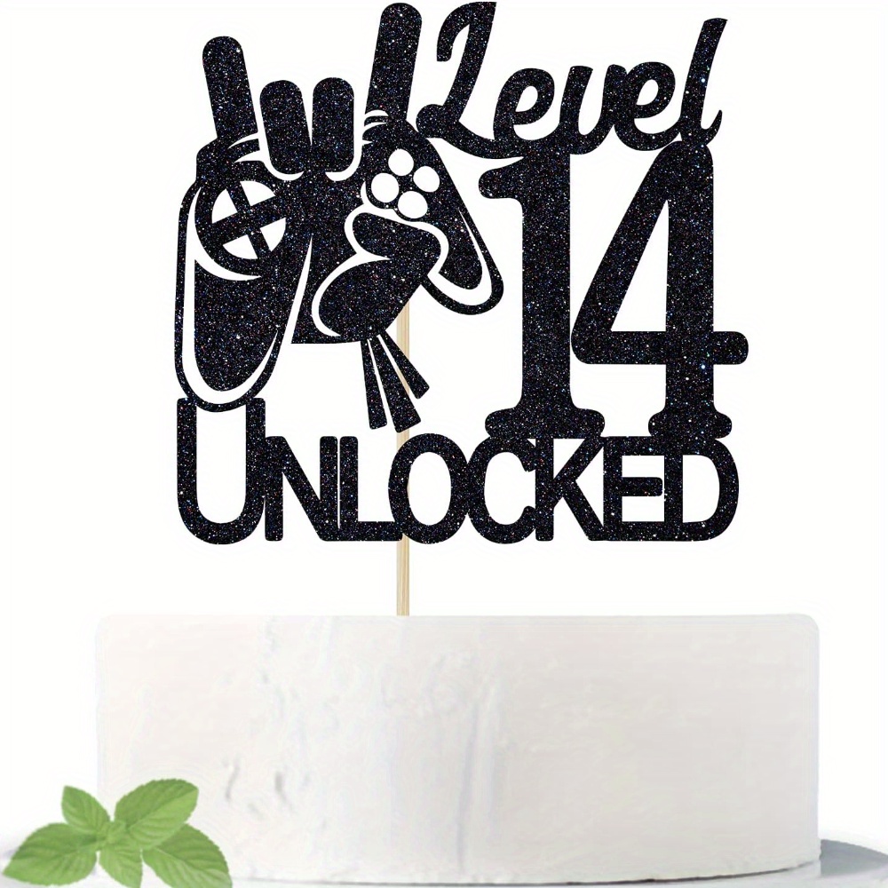 1pc 14 Unlocked Birthday Cake Topper Black Glitter Boys 14th Birthday Cake Decorations Level Up Winner Party Decoration Supplies