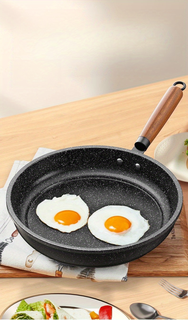 non stick frying pan with wooden handle multi functional flat bottom   low smoke for pancakes and eggs compatible with gas stove and induction cooker details 2