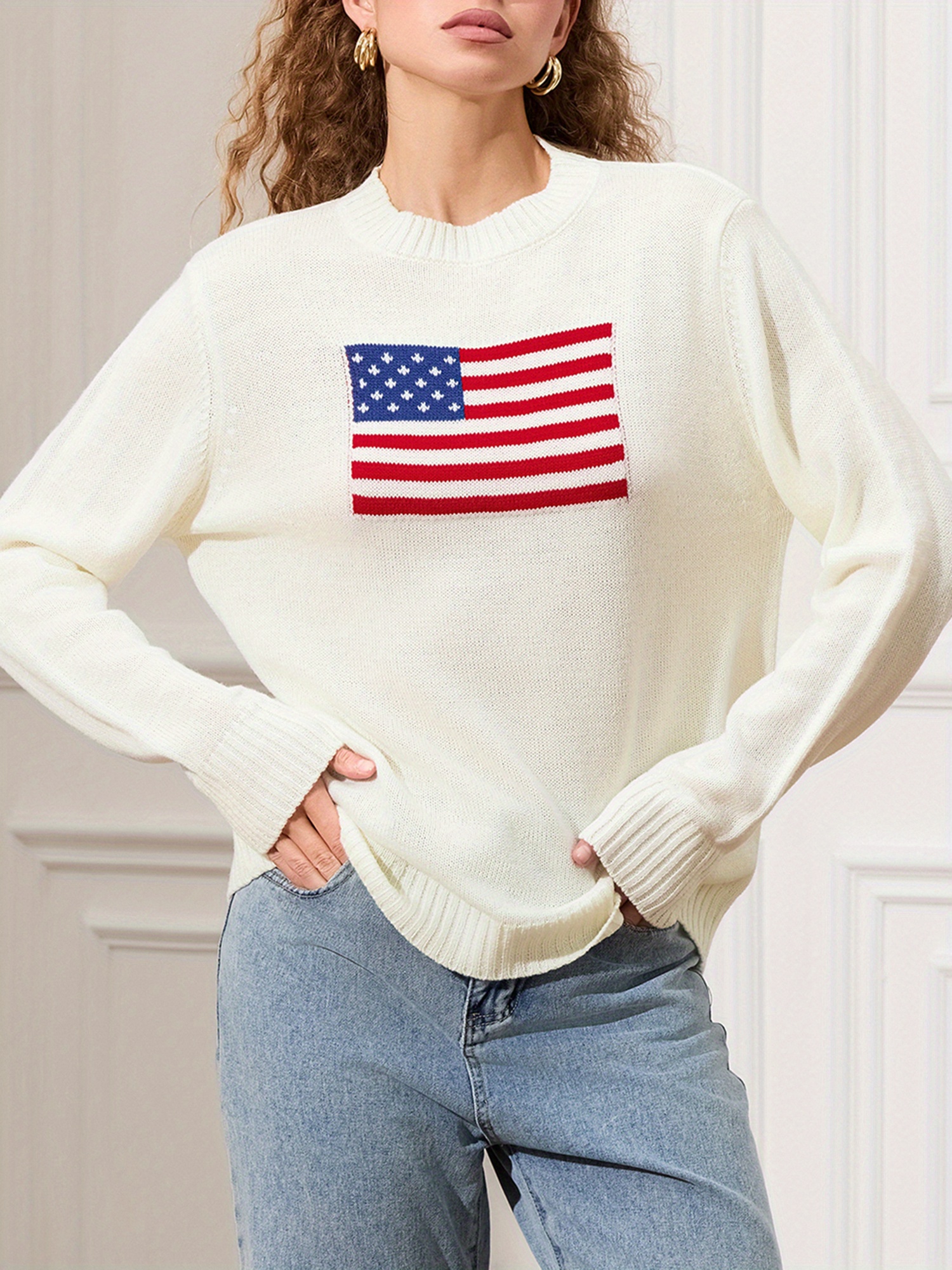 Cozy Patriotic American Flag Women's Sweater Casual Long Sleeve Crew  Neck, Loose Pullover Jumper, Machine Washable, Vintage Style for Fall