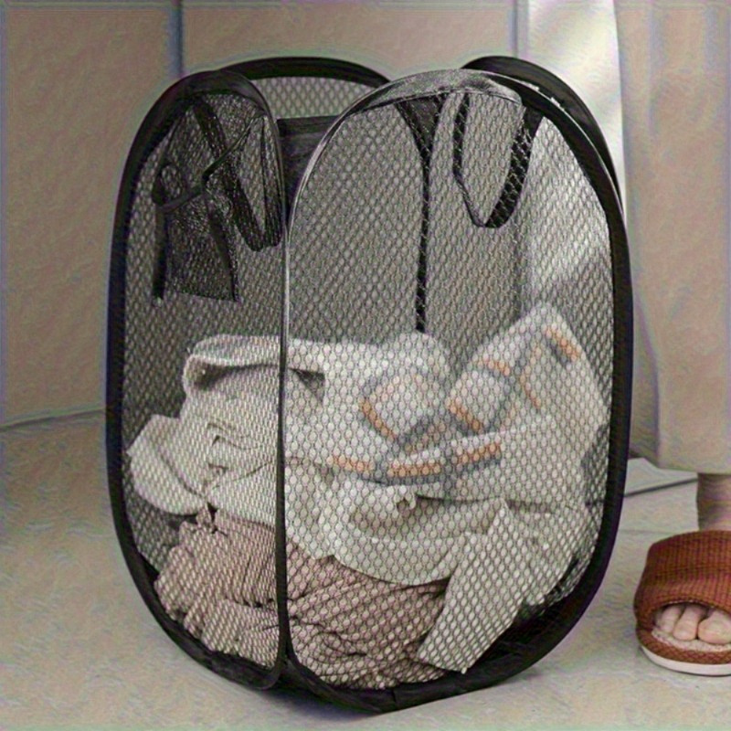 

1pc Mesh Popup Laundry Hamper With Reinforced Handles – Casual Style, Large Foldable Clothes Basket, Durable Elongated Design For Bedroom, Bathroom, Dorm & Various Room Types Storage Organizer