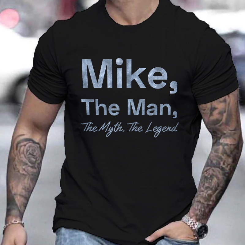 

1pc Mike The Man The Legend. Monogram Print Round Neck Short Sleeve Men's T-shirt, Casual Summer T-shirt For Everyday Wear And Resort