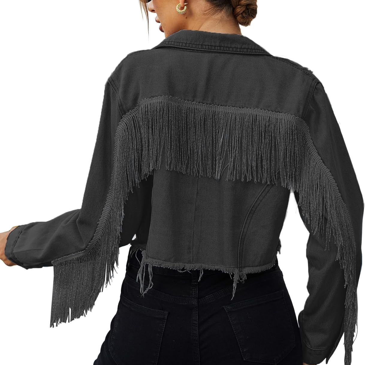 

Women's Fringe Jacket Tassel Cropped Denim Jacket Raw Hem Ripped Crop Jean Jackets