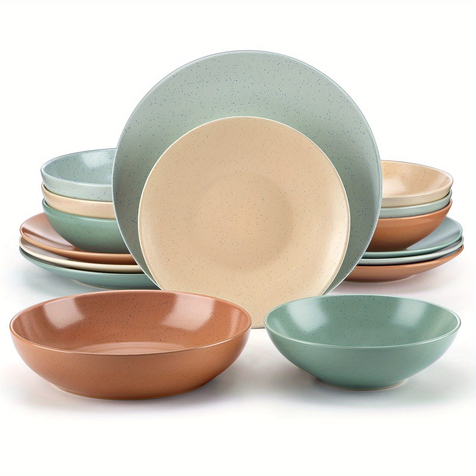 16pcs Dinnerware Collection Featuring Multicolored Plates And Bowls With A Sesame Glaze, Designed To Serve 4
