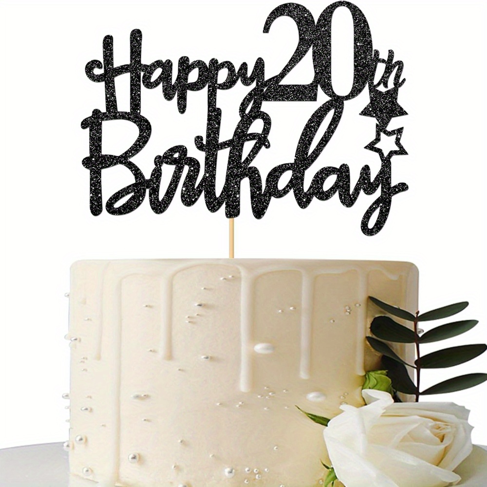 1pc 20th Celebration Cake Topper, Black Glitter 20th Decoration For 20 Year Party, Anniversary Cheers