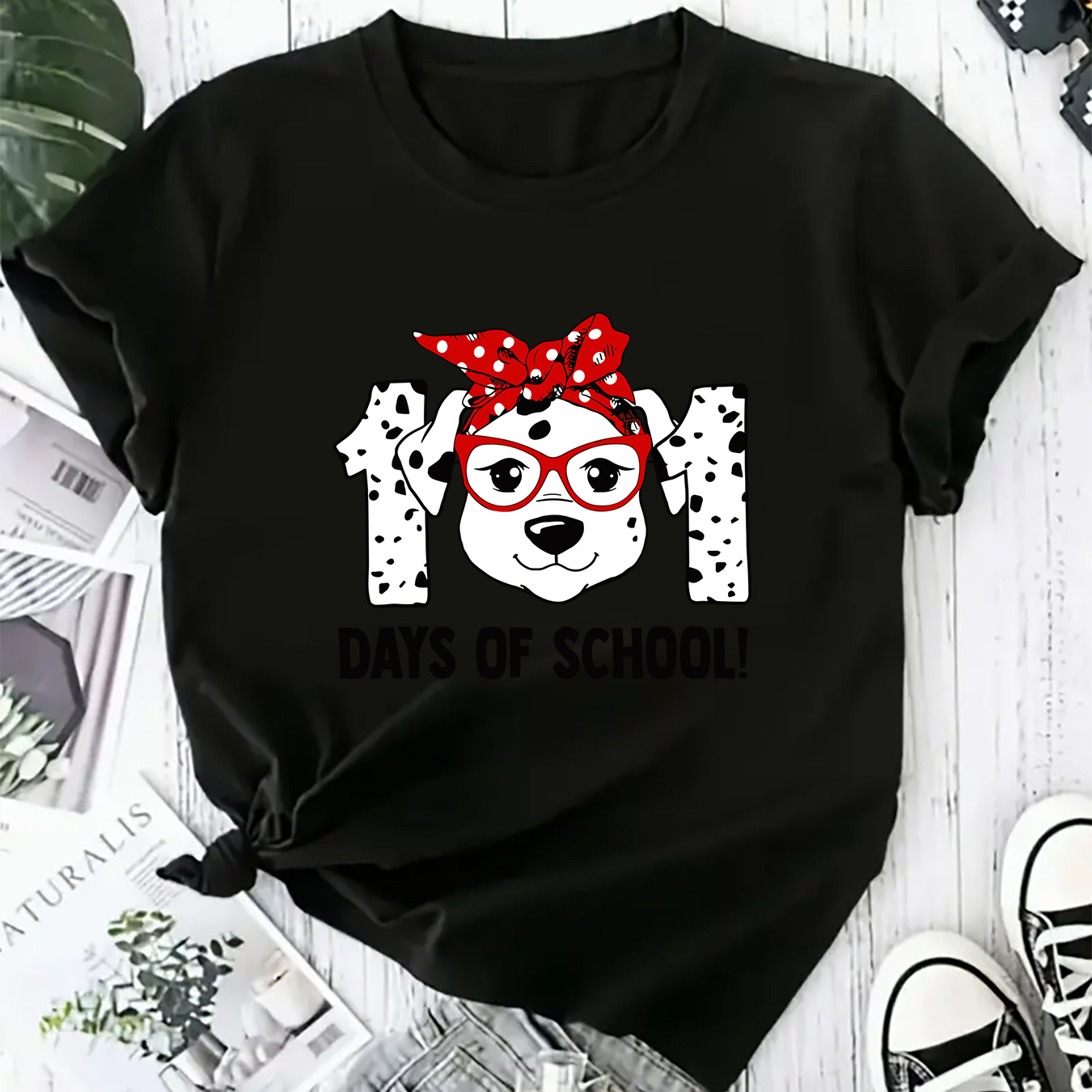 

Women's Plus Size Casual T-shirt With "11 Days Of School" Dalmatian Dog Graphic, Polyester , Stretch, Crew Neck, Short Sleeve Tee