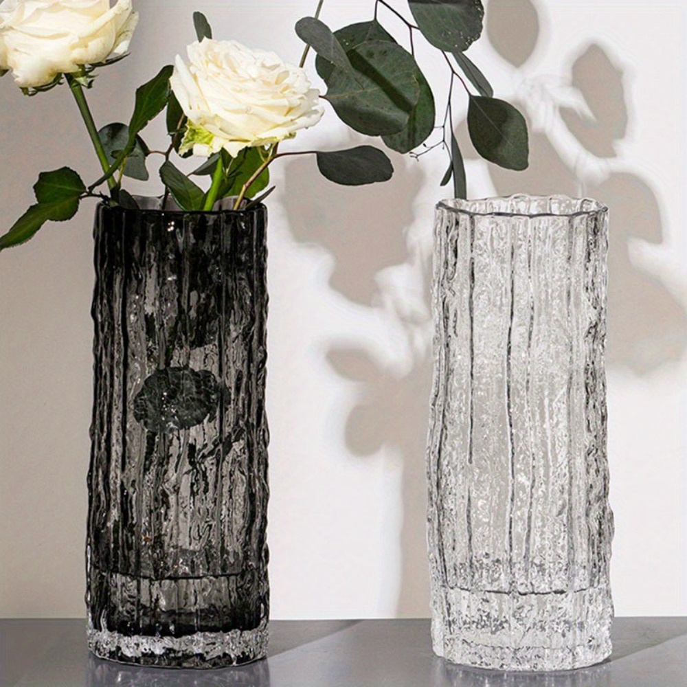 

Vases For Flowers - 1pc Transparent Cylinder Textured Vase, Elegant Decor For Living Room Dining Table