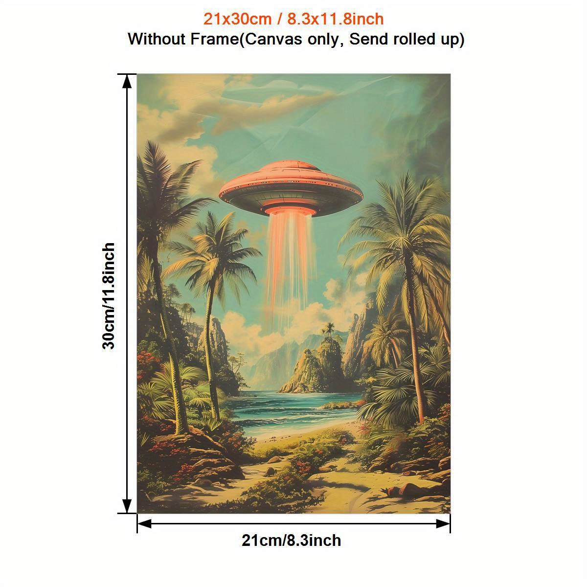 TEMU 1pc Hot Ufo Sighting Canvas Art Print, Retro Hawaiian Mid-century Modern Decor, Classic Contemporary Style Frameless Horizontal Layout, Ink On