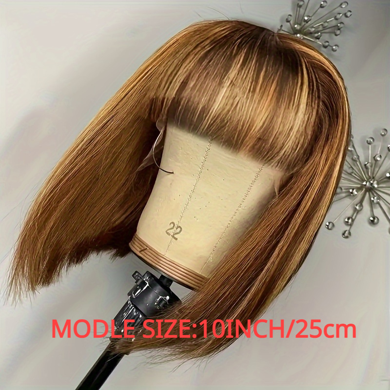 TEMU 180% Density Honey Blonde Ombre Bob Wig With Bangs - Brazilian Human Hair, Straight Style For Women, , Casual Attire Or Special Occasions, Versatile Hairpiece | Natural | Glossy Finish Wig