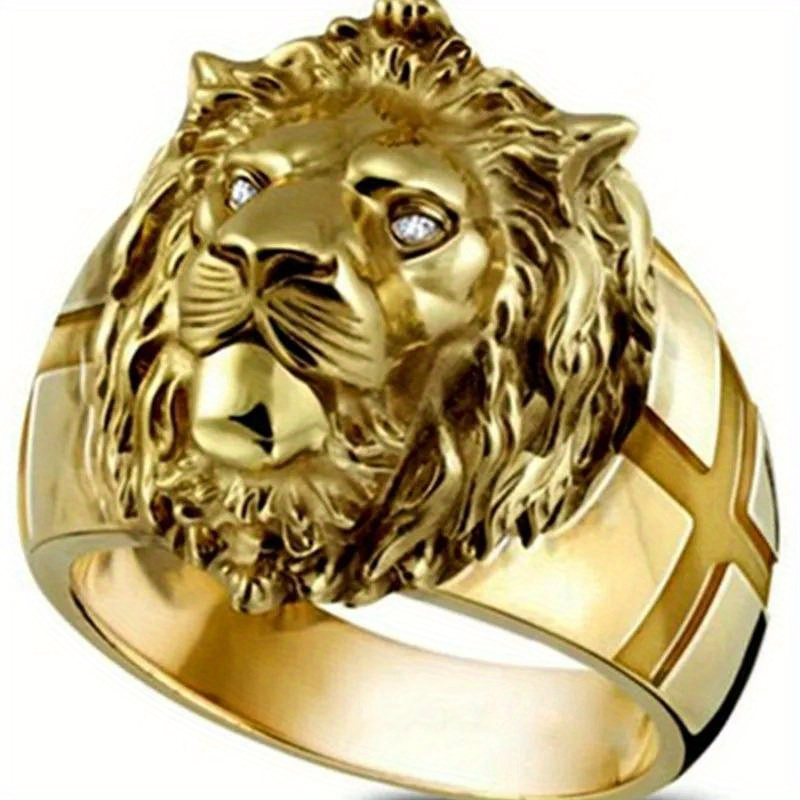 

1pc Gothic Lion Men's Ring - Golden Alloy Band With Intricate Lion Head Design For Party And Everyday Wear