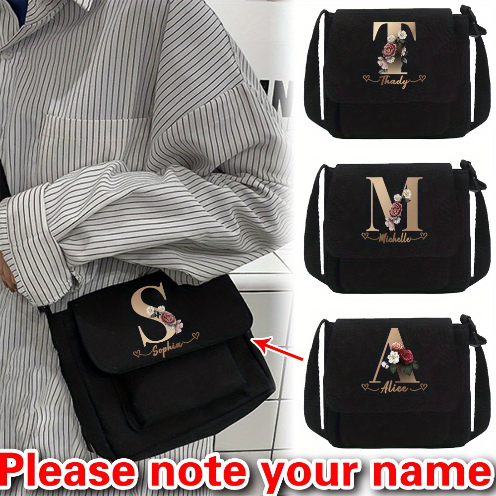 

Custom Name Canvas Messenger Bag, Unlined, Hand Washable, Black Shoulder Crossbody Organizer For Women