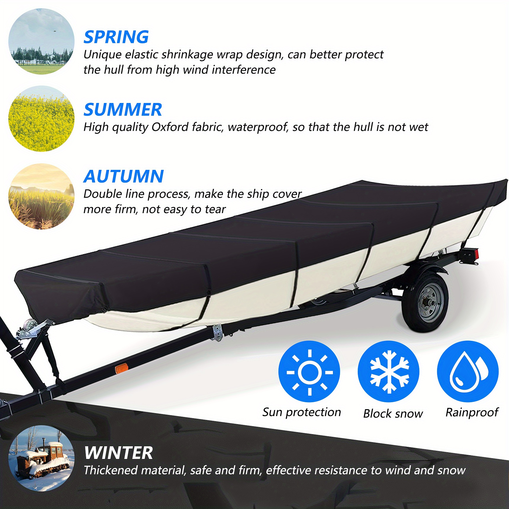 TEMU Black Heavy Duty 210d Boat Cover Trailerable Boat Cover Replacement For 12ft-18ft Long And Beam Width Up To 75inch